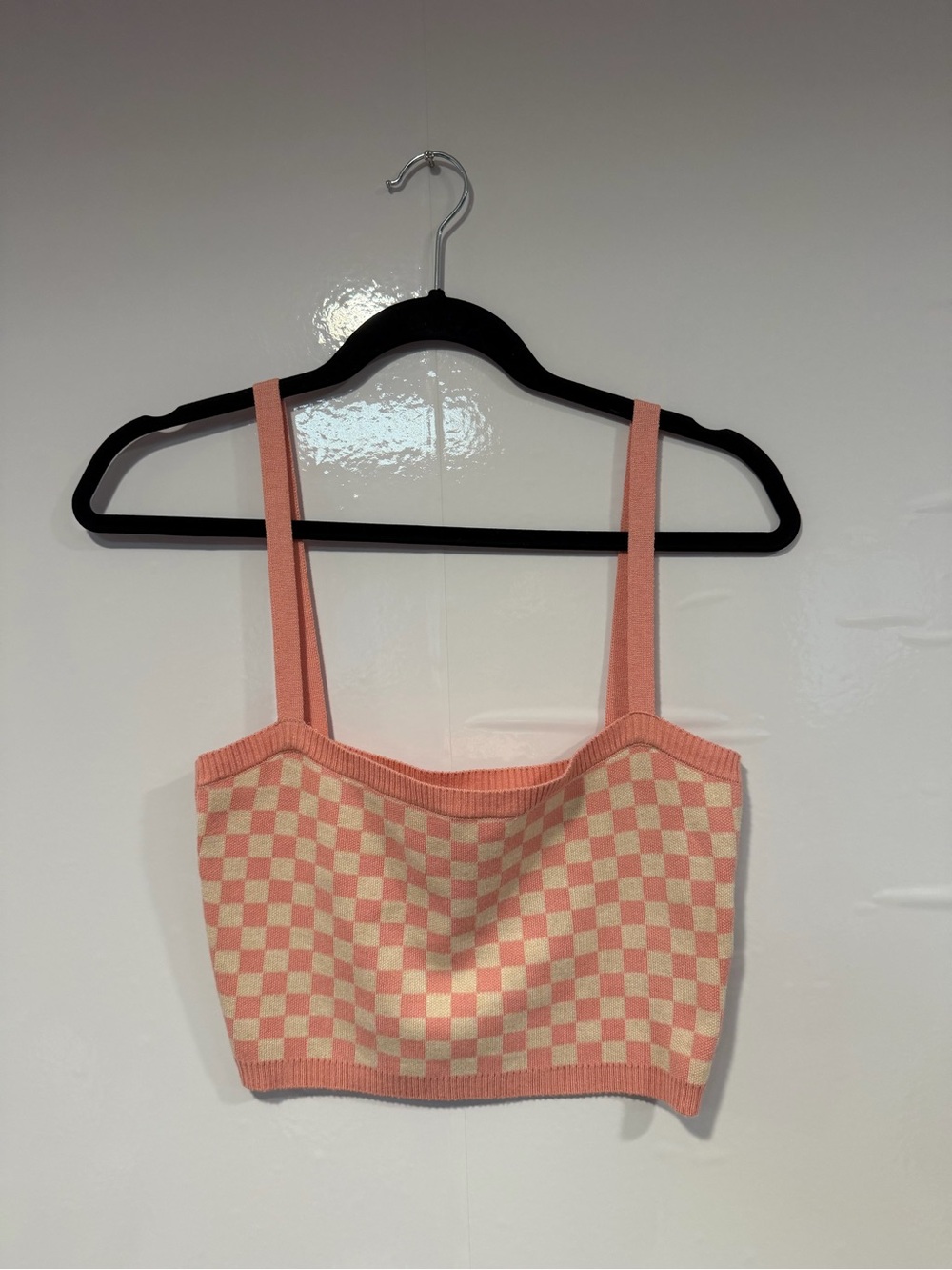 Emory Park Peach Checkered Knit Crop Top NWT Small Blush Pink Cream
